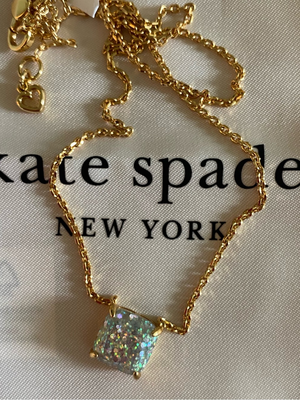 kate spade Gold-Tone Necklace w/ Iridescent White/Silver Glitter Pendant NWT
